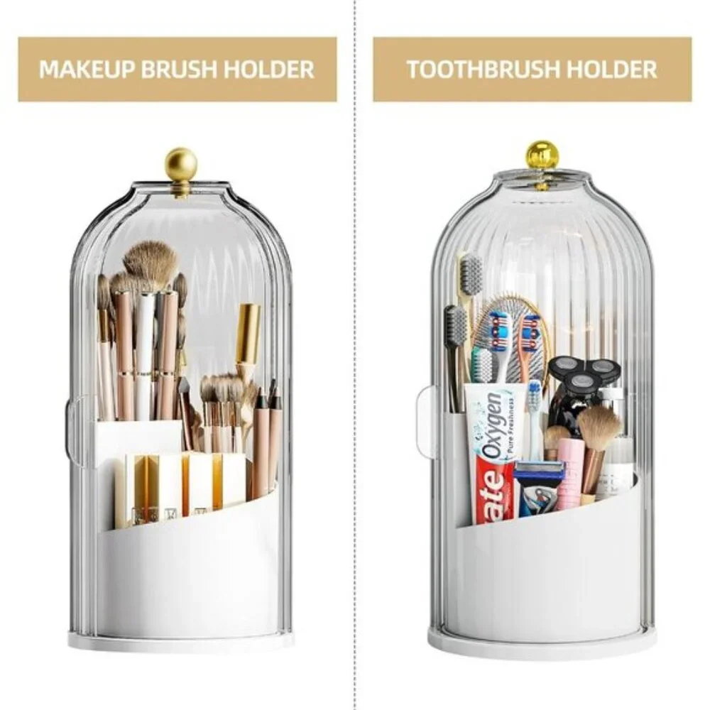 New 360° Rotating Makeup Brush Holder, Waterproof White-Clear Vanity Organizer